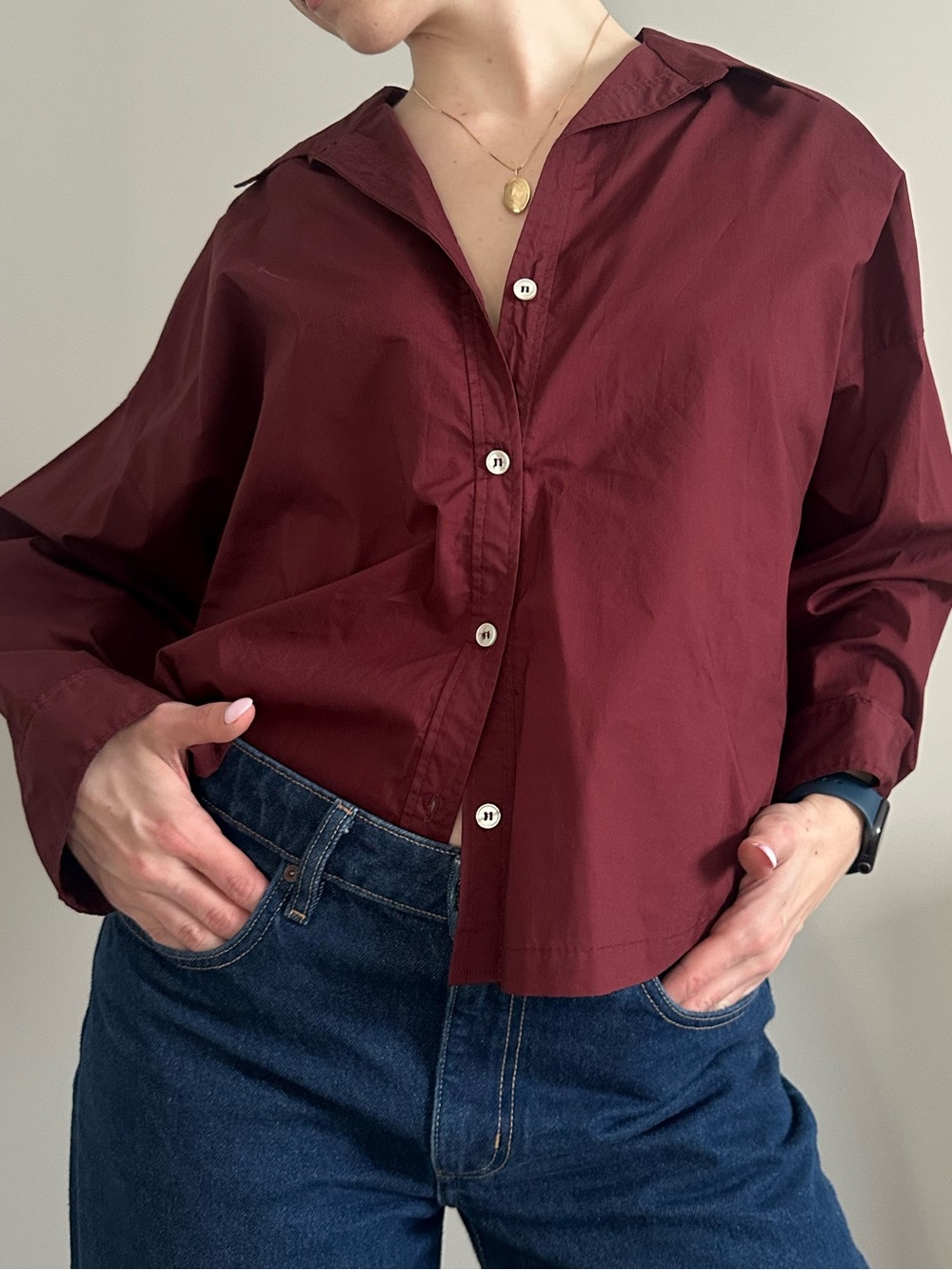 Women's Zara Boxy Oversized Burgundy Button Up Shirt
